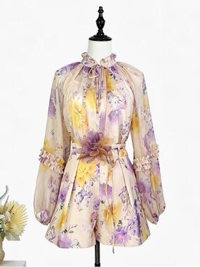 Designer-style Floral Tie-Neck Long Sleeve Romper Dress in Cream and Purple